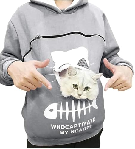 ペット 抱っこ用エプロン 猫 抱っ お腹のポッケに猫 犬を 猫と一緒に出かけ服 カンガルーのような袋 スウェット 男女兼用 パーカー レディース トレーナー ゆったり ポケット猫入れポケット付き 犬入れポケット 散歩 旅行 (グレー,XXXL)