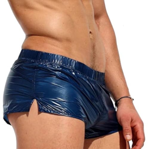 Men's Shiny Metallic Holographic Low Rise Boxer Shorts Swim Trunks Swimwear with Pockets