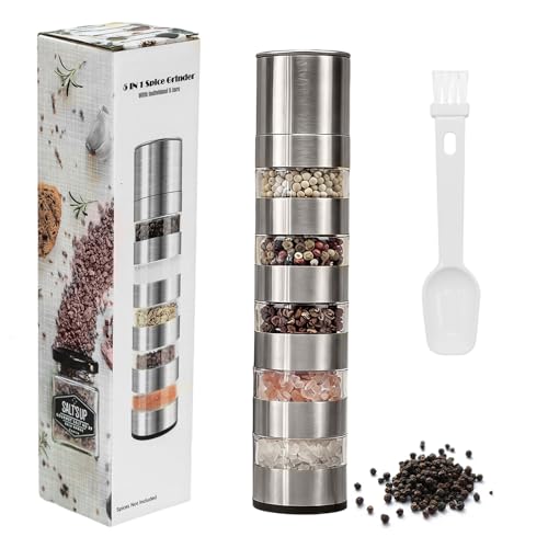 Youery 5 in 1 Camping Gewürzstreuer Edelstahl mit 5 Fächern Keramik-Mahlwerk Verstellbare Mahlstufen Tragbar mit 2-in-1 Messlöffel und Bürste für Camping Reisen und Outdoor