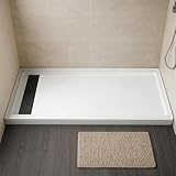 ESONOFORM 60' x 30' Shower Pan with Left Drain, Black Stainless Steel Cover, Matte White Acrylic Shower Base with Non-Slip Texture, Walk-In Single Threshold Shower Pan in White