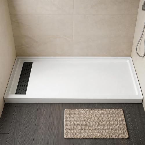 ESONOFORM 60" x 30" Shower Pan with Left Drain, Black Stainless Steel Cover, Matte White Acrylic Shower Base with Non-Slip Texture, Walk-In Single Threshold Shower Pan in White