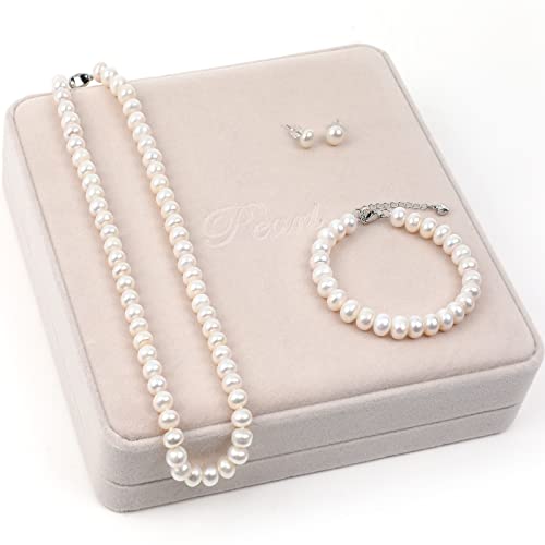 Aoovoo Genuine Freshwater Cultured Pearl Necklace And Earring Set, Wedding Pearl Jewelry Sets For Bride Bridesmaid Women Girls In Aaa Quality, Mothers Day Birthday Valentine's Day Gifts, Luxury Box #TOP6