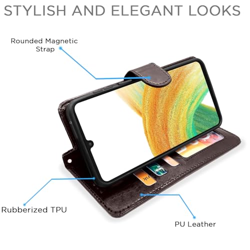 Image of Pikkme Samsung Galaxy A33 5G Flip Case Leather Finish | Inside TPU with Card Pockets | Wallet Stand and Shock Proof | Magnetic Closing | Complete Protection Flip Cover (Coffee)