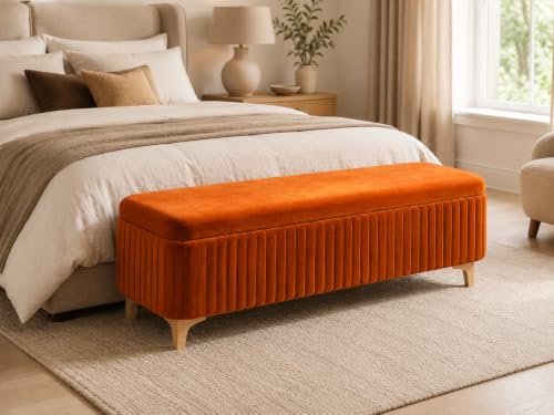 Image of LEGACY OF COMFORT Qwen Velvet Upholstered Flip Top Storage Bench 2 Seater Sofa Upholstered Ottoman Bench with Storage for Living Room, Bedroom (Orange)