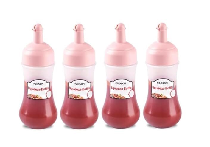 Image of Pink Premium Squeeze Bottles - BPA-Free Condiment Dispensers with Leak-Proof Green Caps for Ketchup, Oil, Vinegar & More - Pack of 4, Transparent Design for Kitchen & Restaurant Use