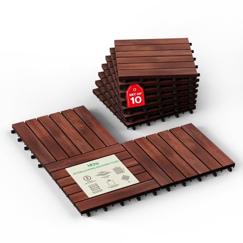 Idzo Interlocking Deck Tiles 9.6 SQFT - 10PCS Waterproof Acacia Wood Patio Tiles, Flooring Tiles for...