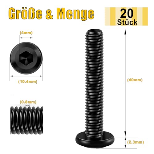 20PCs M5 x 40 Flat Head Screws, Hexagon Socket, Stainless Steel A2 V2A, Full Thread Black Oxide with Hex Key - Image 2