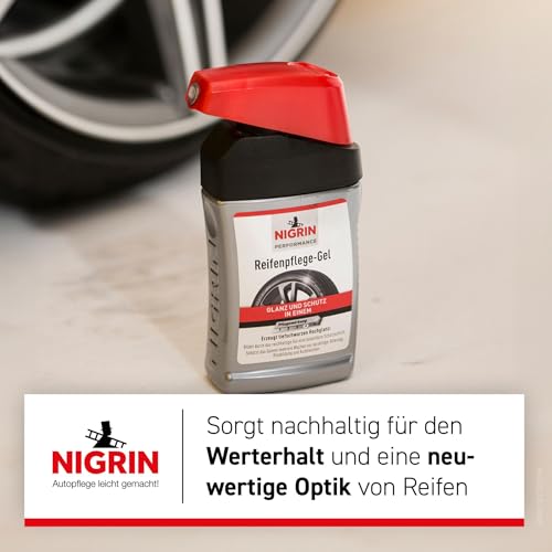 NIGRIN Performance Reifen-Gel, 300 ml, schützt Autoreifen vor UV-Strahlen, Schmutz und Salz, mit Spezialschwamm zum Auftragen für Reifen-Pflege und Reifen-Glanz