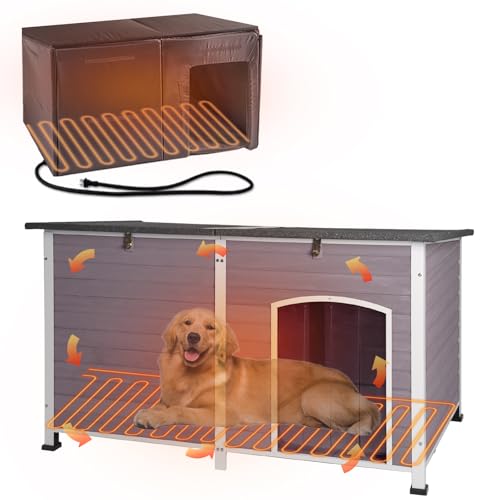 59.1" Large Dog House Outdoor with Insulated Liner & Heating Pad for Winter Insulation Dog Kennel Upgrade All-Around Metal Fame Durable for Large Medium Small Dogs