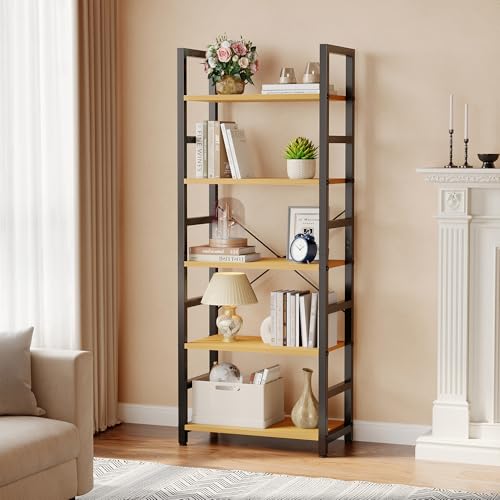Image of DUMOS 5-Tier Bookshelf, Modern Tall Bookcase, Open Storage Display Shelf for Living Room, Bedroom, Home Office, Narrow Standing Shelving Unit for Books, CDs, Decor,Wood