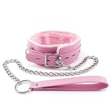 Women Pink Leather Fur-lined Sex Collar and Leash Set, Women Sex Toys Leather Necklace Choker Collar for SM Games, BDSM Restraints Bondage Collar for Sex Games (Pink)