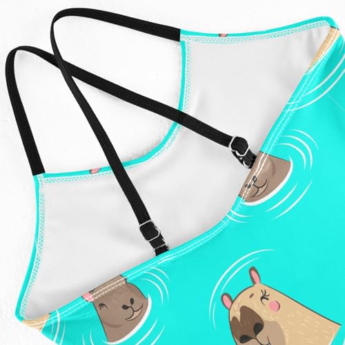 CHIFIGNO Capybara Teal Bathing Suit Girl Quick Dry Crossback One Piece Swimming Suit with Adjustable Strap 3T4