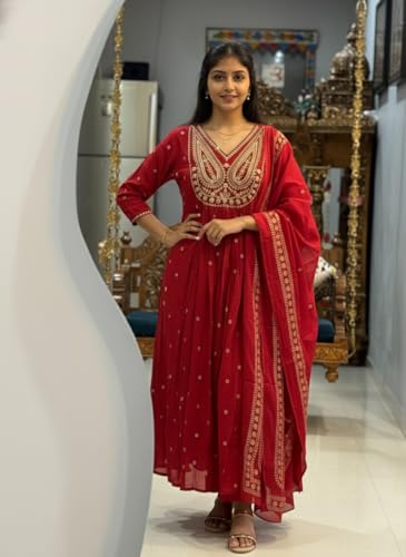Image of ANNI Designer Women's Rayon Viscose Printed Embroidered Anarkali Kurta with Pant & Dupatta | Ethnic Kurti Set with Embroidery | Soft Comfortable Fabric | Stylish Outfit for Festive, Office