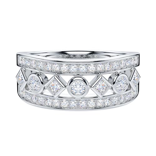 THELANDA Genuine Moissanite Simulated Diamond Sterling Silver 8mm Wide Cocktail Fashion Half Eternity Anniversary Ring Wedding Ring