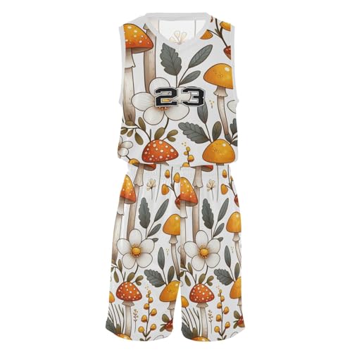 FLildon Mushroom Floral Yellow Boys Basketball Jersey Set Tank Top Shorts Tracksuit Sport Training Suit for Kids, XXL