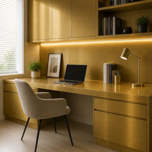 Image of Vinyl Contact Paper Decorative for Cabinets Countertops Kitchen Shelves Liner Self Adhesive Film Peel and Stick Waterproof Removable Wallpaper (Inches 24 x 118, Gold Brushed)