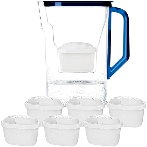 Wessper Jarra Filtradora Agua con Filtros, Jarra para Puerta de Frigorífico de 2,7 Litros, Filtro con Carbón Activo y Resina de Intercambio Iónico, Jarra y Juego de 6 Cartuchos - Azul
