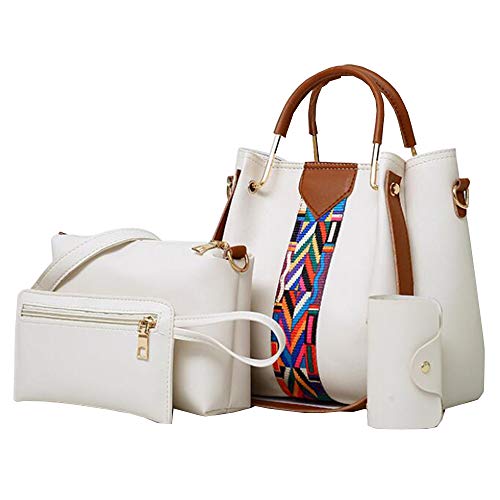 Cayla Women handbags purse PU Leather Top handle Shoulder bag Satchel hobo Tote Bags set 4pcs, White, Medium