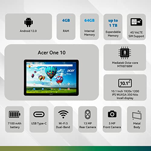 Image of acer One T9-1212L (25.65 cm) 10.1 Inch Tablet with 4GB RAM and 64GB ROM Expandable, 350 Nits Brightness WUXGA IPS Panel Display, Dual-Camera, Slim Metal Body, Wi-Fi + 4G LTE(Calling),Android 12, Gray
