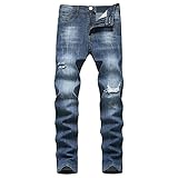 DGHM-JLMY Men's Ripped Autumn Stretch Jeans Comfy Ripped Distressed Biker Jeans Fashion Straight Leg Comfort Casual Pants (Dark Blue,32)