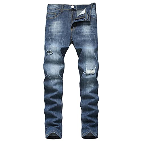 DGHM-JLMY Men's Ripped Autumn Stretch Jeans Comfy Ripped Distressed Biker Jeans Fashion Straight Leg Comfort Casual Pants (Dark Blue,32)