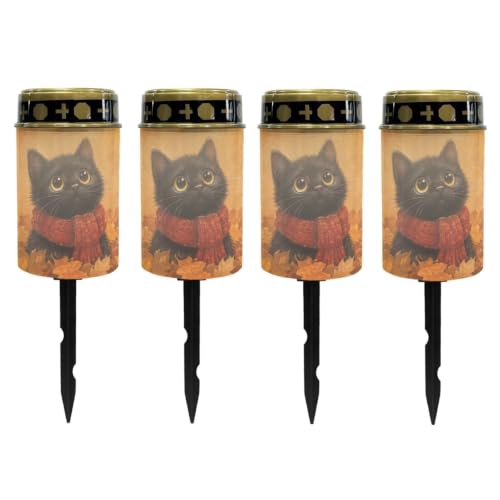 Image of Poceacles Solar Lights Outdoor Waterproof Cemetery Solar Outdoor Candle Grave Decoration Votive Candles Blessed Lights for Loss of Loves One, Black Cat Autumn Leaf, Set of 4