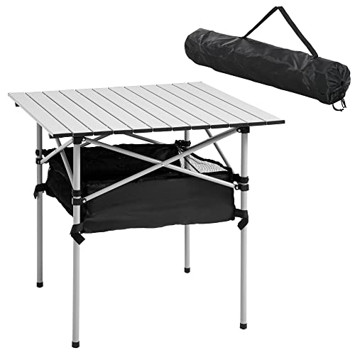 Outsunny Mesa de Camping Plegable Mesa Plegable Portátil Multifuncional con Espacio Almacenaje de Malla y Bolsa de Transporte para Jardín Balcón Patio Exterior 70x70x69 cm Plata