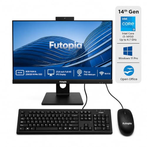 Image of Futopia 23.8 inch FHD IPS All-in-One Desktop | Intel Core i3-14100 (Up to 4.7 GHz) | 8GB RAM | 256GB NVMe SSD | Pop-up FHD Webcam | Wi-Fi 6 | Windows 11 Pro with Office | Wired Keyboard & Mouse Included