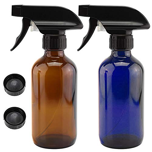 YUKI Empty Amber Glass Spray Bottles (2 Pack 8oz) Refillable Container for Cleaning Products, Essential Oils, or Aromatherapy - Durable Black Trigger Sprayer (Brown+Blue)