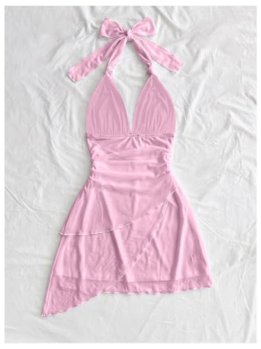 Image of SOLY HUX Women's Y2K Summer Beach Halter Mini Dress | Retro Floral Dress, V Neck, Backless, Club Nightout, Sexy Going Out Clothes, Birthday Dress