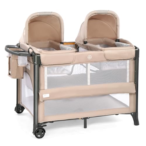 Image of JOYMOR Twin Bassinet for Baby, Beige Bedside Bassinet, Convertible to Bedside Sleeper and Playpen, with Wheel, Brake, Foldable Side Sleeper,Beige