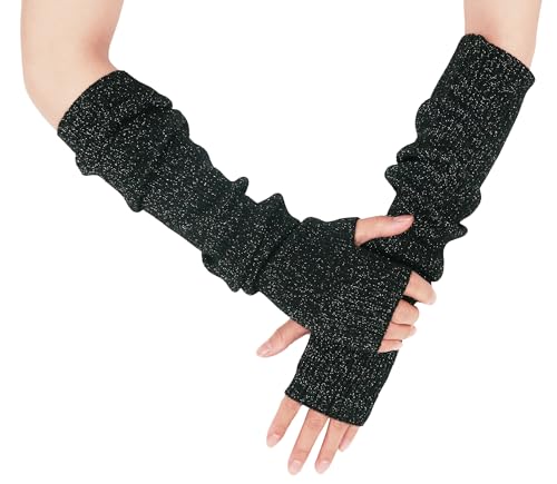 Farlenoyar Women Arm Warmer Cashmere Blend Winter Long Arm Gloves Black#1
