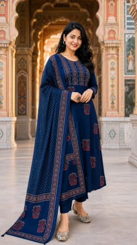 Image of Women's Cotton Kurta Sets for Women with Palazzo Pants with Dupatta for Woman | Pure Cotton 3 Piece Kurti Set | Women Suit Set for Daily