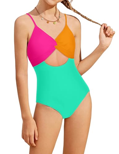 NECIOUS Girls Swimsuit One Piece Girl Bathing Suits Color Block Cutout Teen Girls' Swimwear with Cover Up Skirt Size 14-16