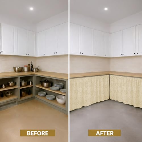 Image of LINENWALAS Under Sink Curtain for Kitchen - Pack of 2 | Rain Drop Embossed Design Polyester Under-Sink Cover | Storage-Hiding Curtain with Rod Pocket | Kitchen & Bathroom (132x71 CM, Golden Beige)