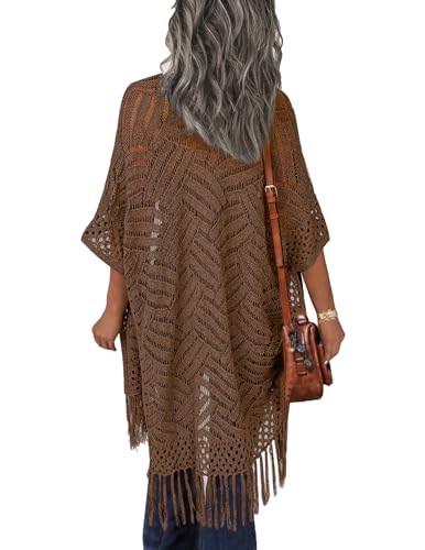 Image of HOTOUCH Womens Knit Cardigan Open Front Outwear Hollow Out Crochet Tassel Lightweight Kimonos Sweater S-XXL