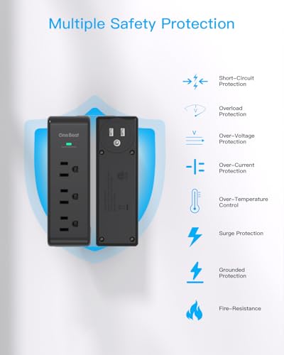 Image of Surge Protector Outlet Extender, 9 AC Multi Outlet Wall Plug with Rotating Plug, 1800J Wall Charger, 3-Sided Power Strip Electrical Plug Adapter Outlet Splitter for Home Office Dorm, Black