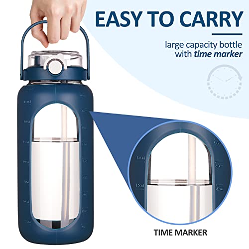 Bluego 56Oz Glass Water Bottles With Straw Time Marker Half Gallon Large Motivational Water Bottle With Silicone Sleeve 2L Big Glass Water Jug Bottle For Gym, Sports, Workout, Daily Dark Blue #TOP3