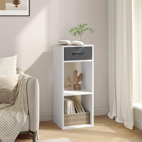 WOLTU Bücherregal mit 3 Ebenen, Standregal mit 1 Stoffschublade 2 Würfeln, offenes Regal, Aufbewahrungsregal klein, für Wohnzimmer Schlafzimmer Kinderzimmer, 32,4x80x30 cm, weiß, SK055ws