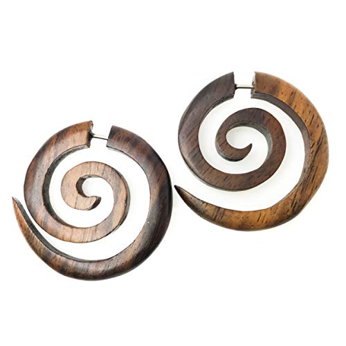 Pendientes de madera tribal con espiral falsa de acero quirúrgico gótico