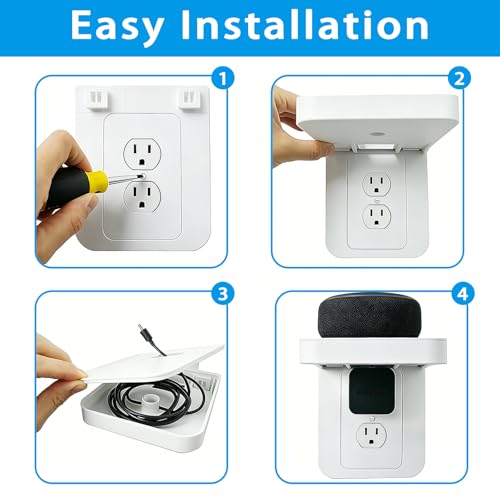Image of Outlet Shelf Wall Holder with Cord Storage, Wall Outlet Shelf Organizer for Bathroom, Kitchen & Bedroom, Plug Shelf for Standard Outlet, Compatible with HomePod Mini, Google Home, Toothbrush & Phone