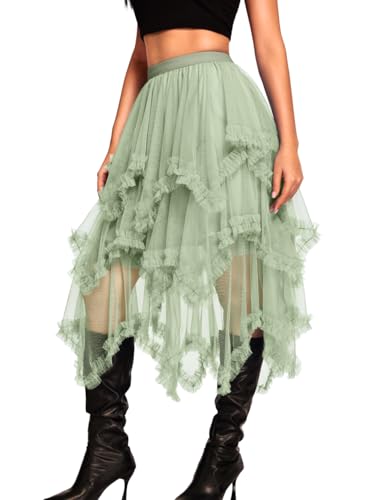 Kaei&Shi Long Tulle Skirt,High Waisted Asymmetrical Ruffle Skirts for Women,Renaissance Fairy Costume Concert Birthday Party Green One Size