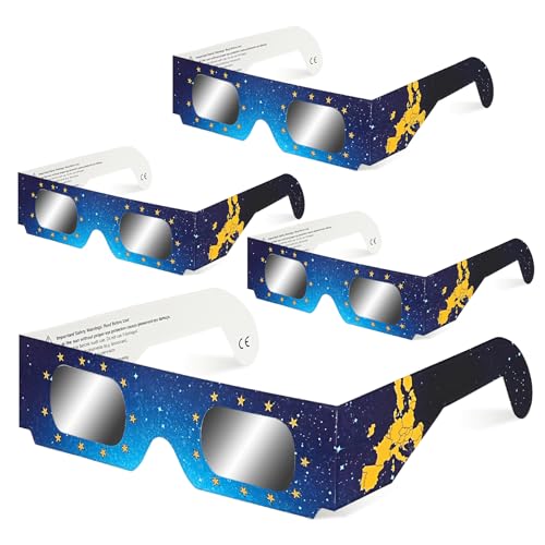QIWEI Gafas para Eclipse Solar QW-SOZ1 [Pack de 4], Certificadas EN ISO 12312-2, Visores Solares Seguros para Observación Directa del Sol, Filtros de Alta Definición