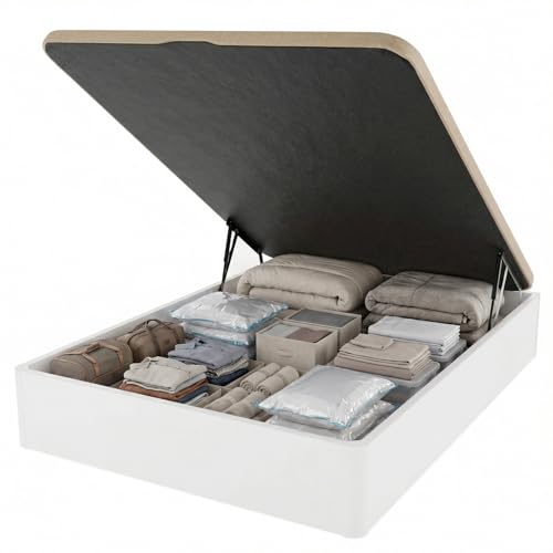 DUÉRMETE Online - Canapé Abatible 150x190 cm Blanco con Gran Capacidad de Almacenaje, Estructura Súper Reforzada, Tapa Transpirable 3D, Incluye Subida a Domicilio