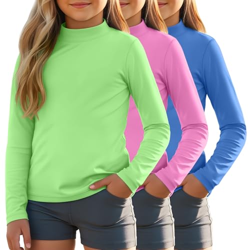 Xaatren 3 Pack Kid's Long Sleeve Rash Guards Girls Boys Mock Neck Sun Protection Swim Shirts Swimwear 5-14 Years Clothes(Blue, Pink, Apple Green,5-6 Years)