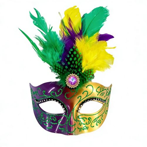 KIPETTO Mardi Gras Mask with Feathers Carnival Mask Womens Masquerade Costume Masks for Mardi Gras Decoration Venetian Halloween Party Favors, Gold