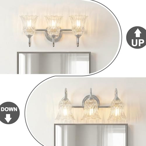 Image of Bathroom Light Fixtures Over Mirror, 3 Lights Vanity Lights with Flower Glass Shade, 18.9 inch Chrome Vintage Bathroom Light Fixtures for Bedroom, Porch, Hotel, Mirror Cabinet