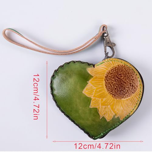 Wristlet Wallets for Women, Coin Pouch for Women,Small Leather Pouch With Zipper for Women Fashionable Wallet Leather Classic Money Bag，Sunflower Gifts for Women (Heart shaped green)2