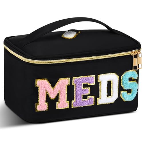 Geetery Clear Makeup Bag Chenille Letter Meds Bag Travel Cases Preppy Patch with Zipper, Portable Cosmetic Toiletry Storage case for Women(Meds,Black)