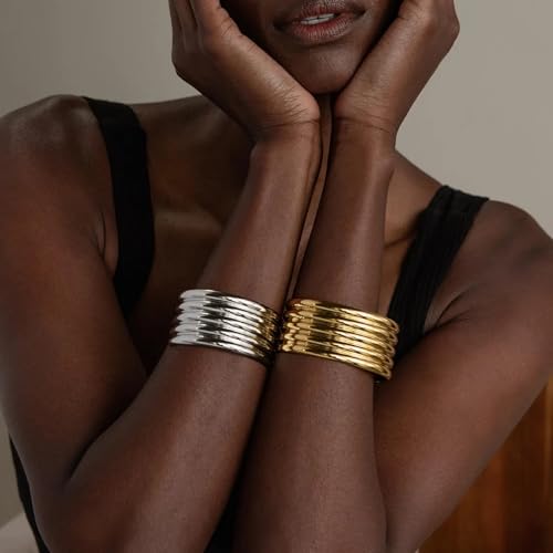 Collner Ribbed Cuff Bracelet for Women Vintage Boho Wide Minimalist Bangle Bracelets Statement Bracelet Thick Arm Cuff Gold Silver Bracelet2
